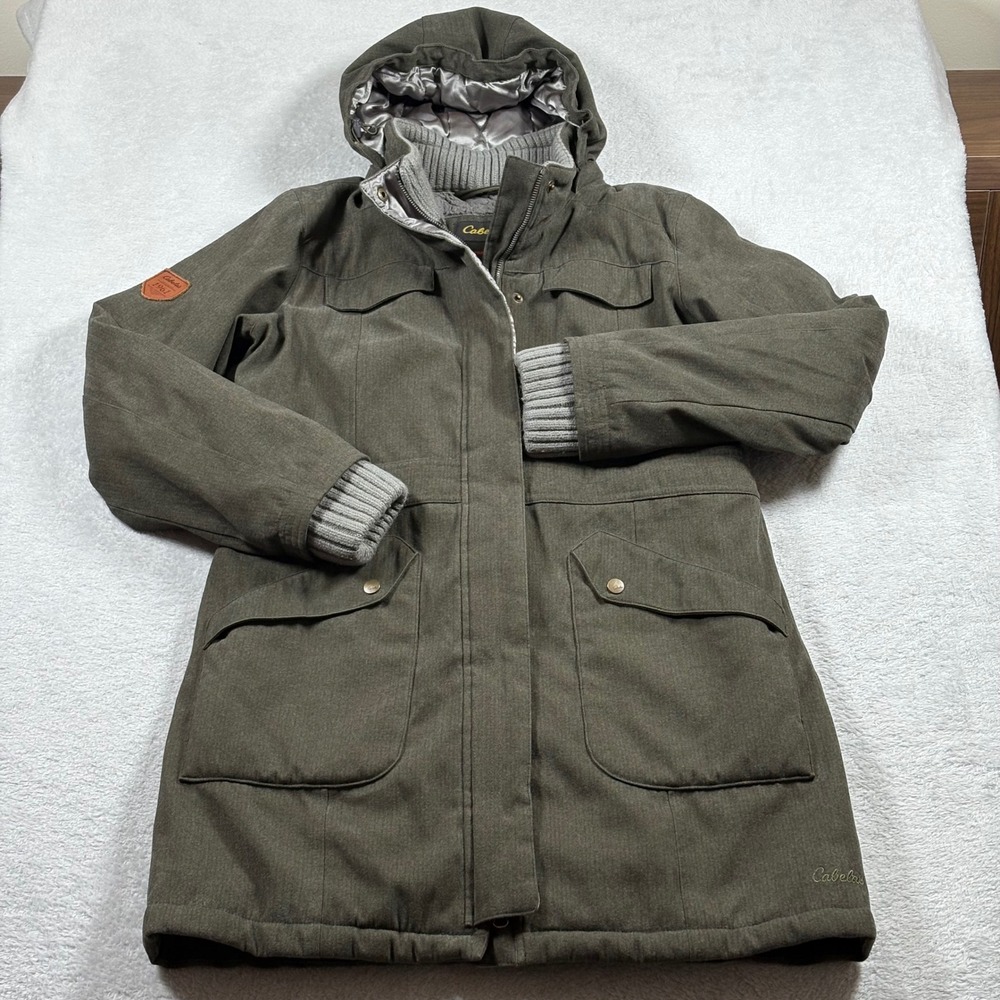 Cabelas Primaloft Insulated Parka Jacket Olive Green Sherpa Lined Hooded Large